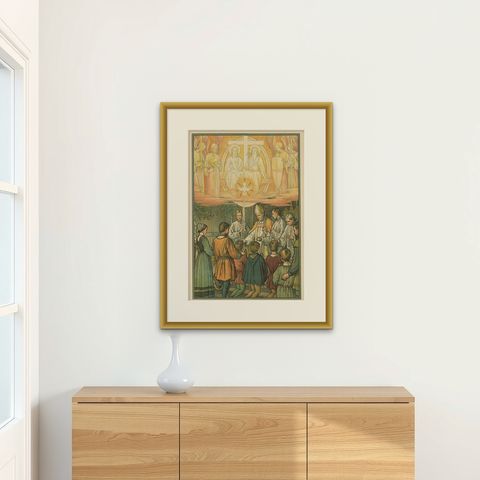Antique Religion Print of the Seven Sacraments, Confirmation, '1913', shown framed on a wall, true to size