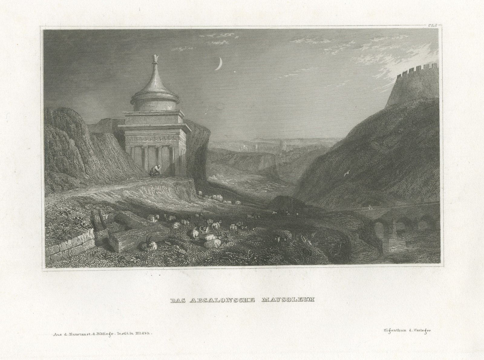 Absalom's Pillar, Kidron Valley, Jerusalem, Antique View with Goats, circa 1850