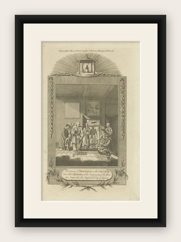 Antique Print of the Ceremony of Treading on the Crucifix, Nagasaki, Japan, shown framed