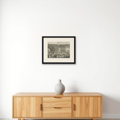 Original Antique Engraving of the Baptism of Christians in The Netherlands, 17, shown framed on a wall, true to size