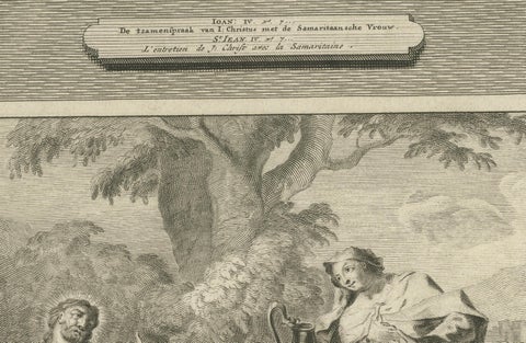 Rare Antique Print, Christ with Nicodemus & Samaritan Woman at the Well, c.1700, close-up 3