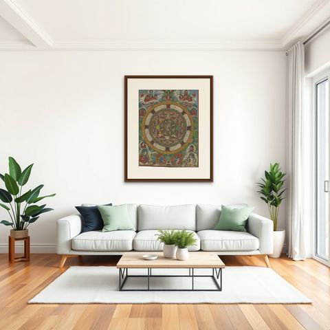 Hand Painted Mandala Thangka, circa 1920, shown framed in a room, true to size