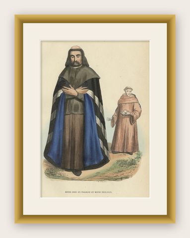 Antique Hand-Colored Print of a Greek Monk in Poland and a Slavonic Monk, c.1845, shown framed