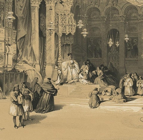 Old Lithograph depicting the Greek Chapel of the Holy Sepulchre, 1845, close-up 2