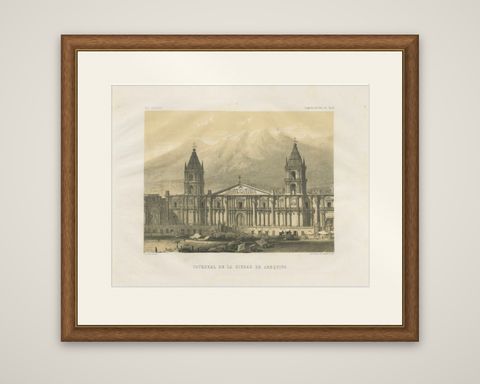 Cathedral of Arequipa Peru, Antique Architectural Lithograph c.1865, shown framed