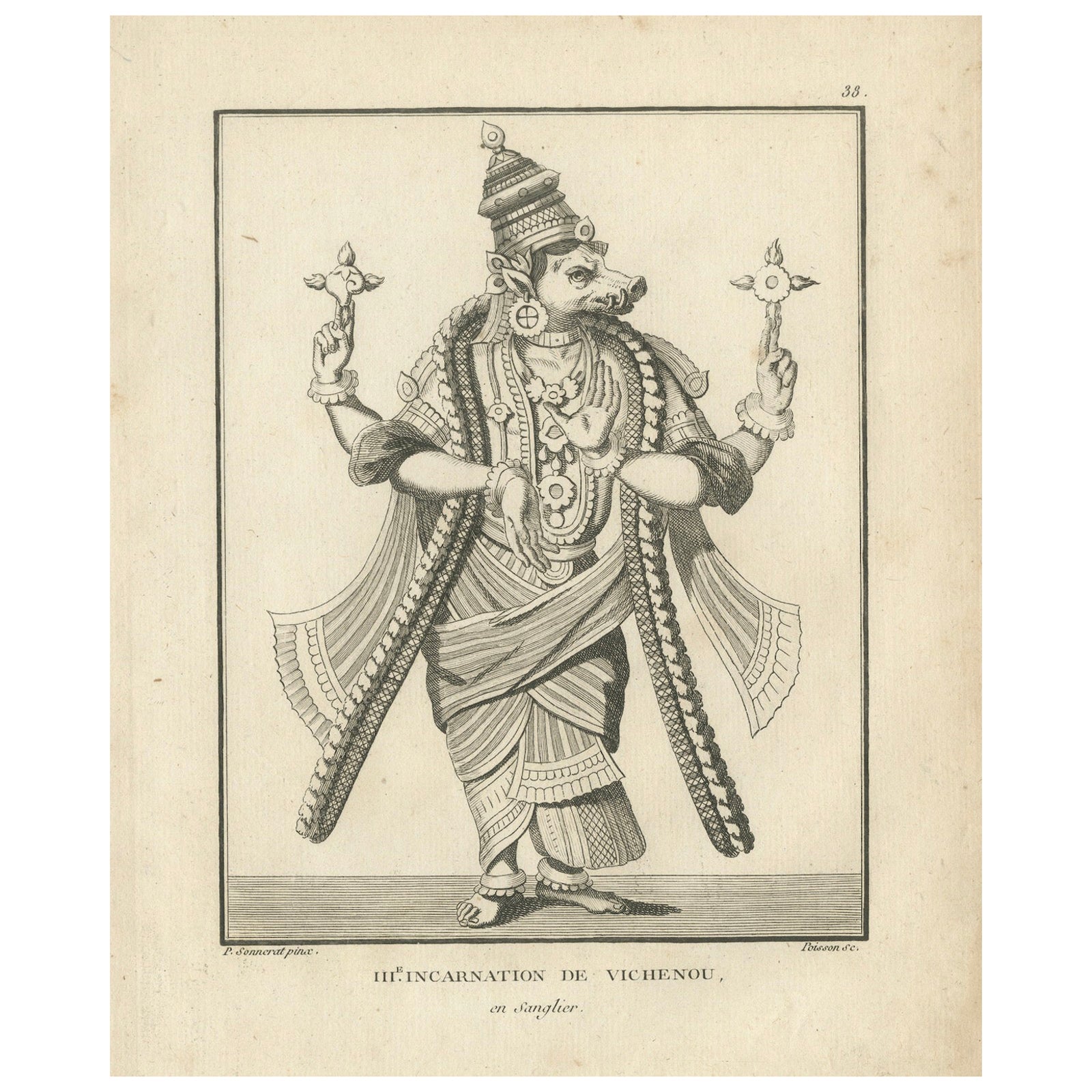 Historic 1806 Varaha Vishnu Boar Avatar Antique Print, Hindu Engraving