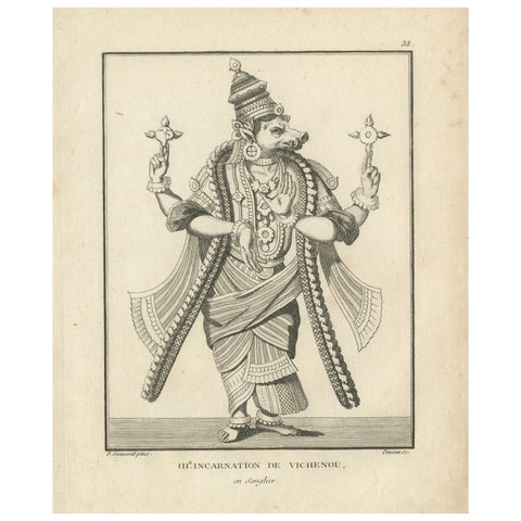 Historic 1806 Varaha Vishnu Boar Avatar Antique Print, Hindu Engraving