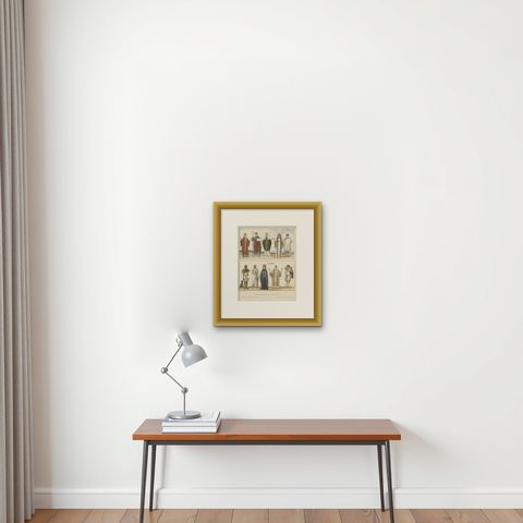 Early Christian Period Costume Plate, Antique Hand-Colored Print c.1880, shown framed on a wall, true to size