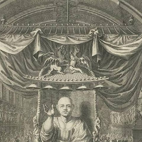 Antique Print of a Temple in Japan with Religious Idols by B. Picart, 1726, close-up 1