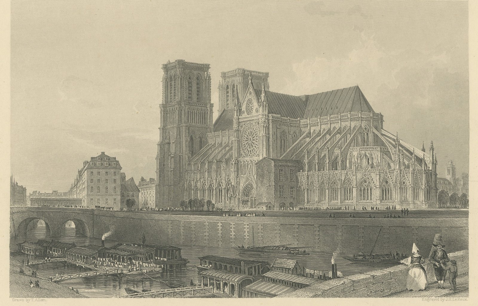 Notre Dame Cathedral, Paris, Antique Steel Engraving after T. Allom, circa 1850