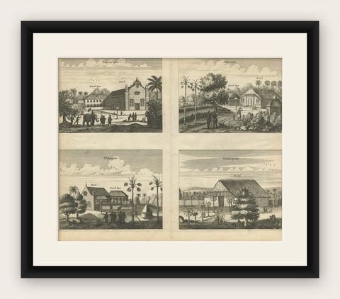 Antique Print of the Churches of Paneteripoum, Manipay, Changane and Vanarpone, shown framed