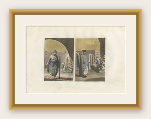 Antique Print of Monks and Pilgrims by Ferrario '1831', shown framed