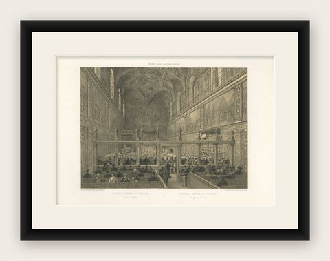 Sistine Chapel Interior, Vatican, Antique Festive Scene Print, 1869, shown framed