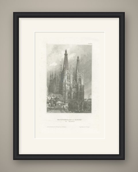 Burgos Cathedral, Spain, Antique View of the Gothic West Front, circa 1850, shown framed