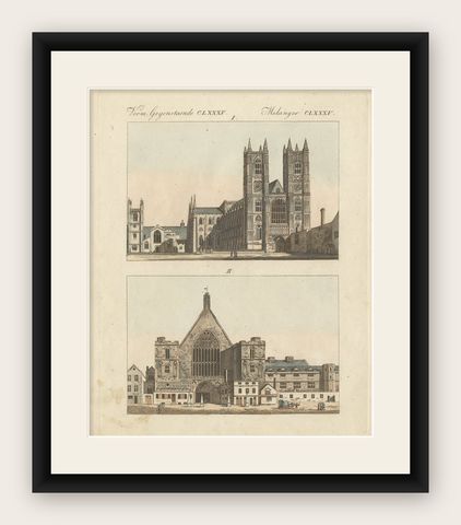 Westminster Abbey and Winchester Cathedral, Bertuch's Picture Book, circa 1800, shown framed