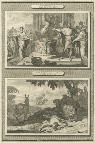 Prophecy at Bethel and the Prophet Slain by a Lion, Pieter Mortier, circa 1700