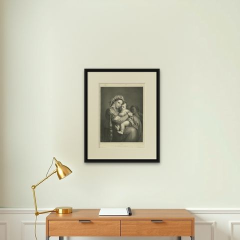Madonna and Child Print after Raphael, La Vierge à la Chaise, circa 1850, shown framed on a wall, true to size