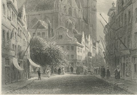 The Cathedral, Bruges, Antique Steel Engraving after E. George, circa 1878, close-up 2