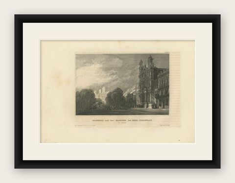 German Antique Print of Monastery in Cádiz in Spain by Meyer, 1838, shown framed