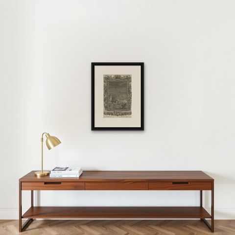 Antique Print Showing an Ice Skating Scene to Illustrate Psalm 147, in Year 1731, shown framed on a wall, true to size