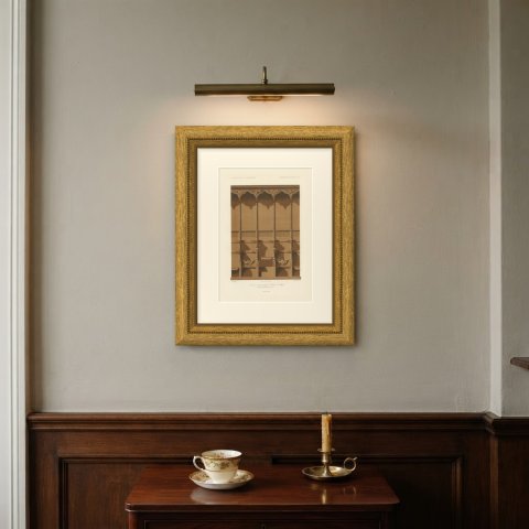 Choir Stalls of Saint Benoît sur Loire, Antique Print, 1851, shown framed on a wall, true to size