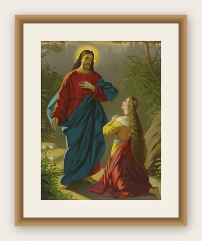 Jesus Appears to Mary Magdalene, Antique German Chromolithograph, c. 1895, shown framed