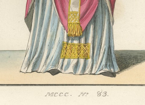 Religious Costume c.1400, Antique 1845 Print of Ecclesiastical Figure, close-up 2