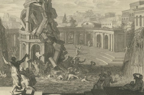 John the Baptist in Prison & Fall of the Tower of Siloam, Pieter Mortier, c.1700, close-up 2