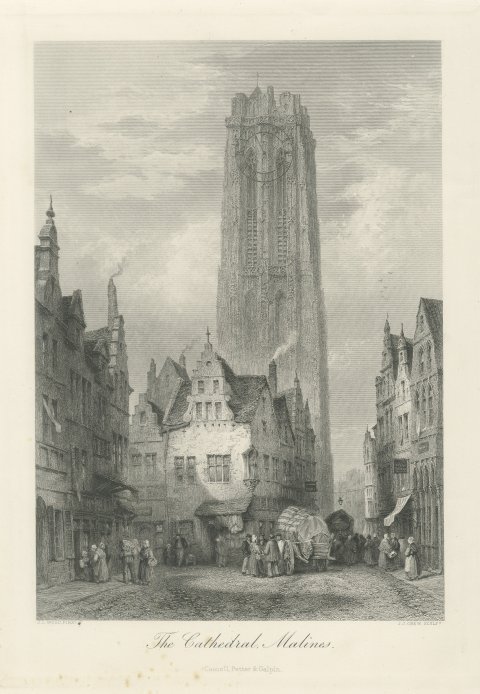 Malines Cathedral, Belgium, Antique Steel Engraving by J.J. Crew, circa 1877