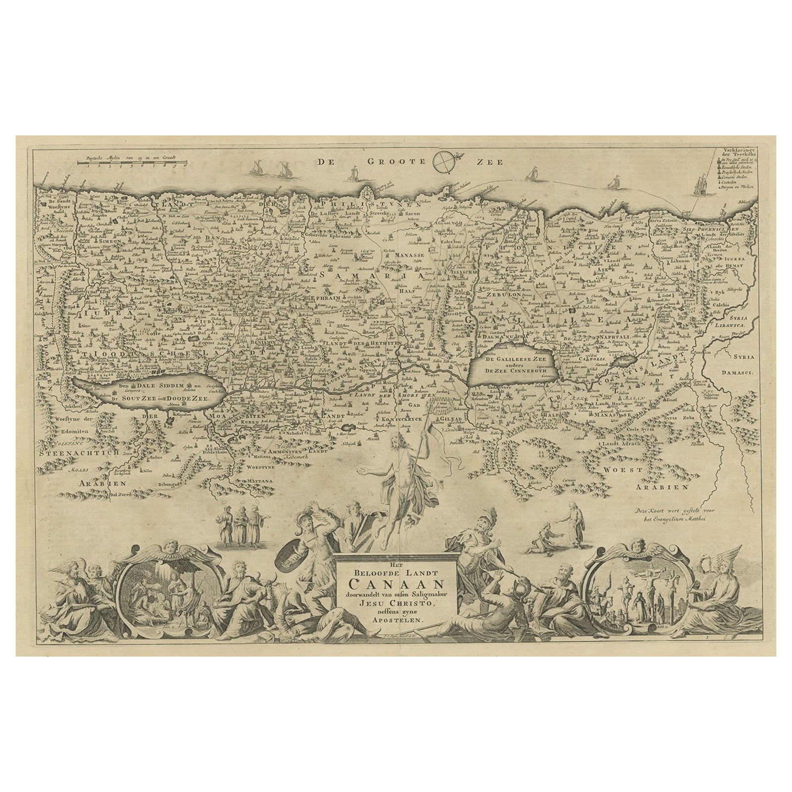 Promised Land of Canaan, Antique Map of Israel with Biblical Scenes, van Jagen