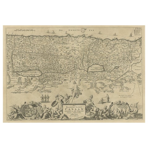 Promised Land of Canaan, Antique Map of Israel with Biblical Scenes, van Jagen