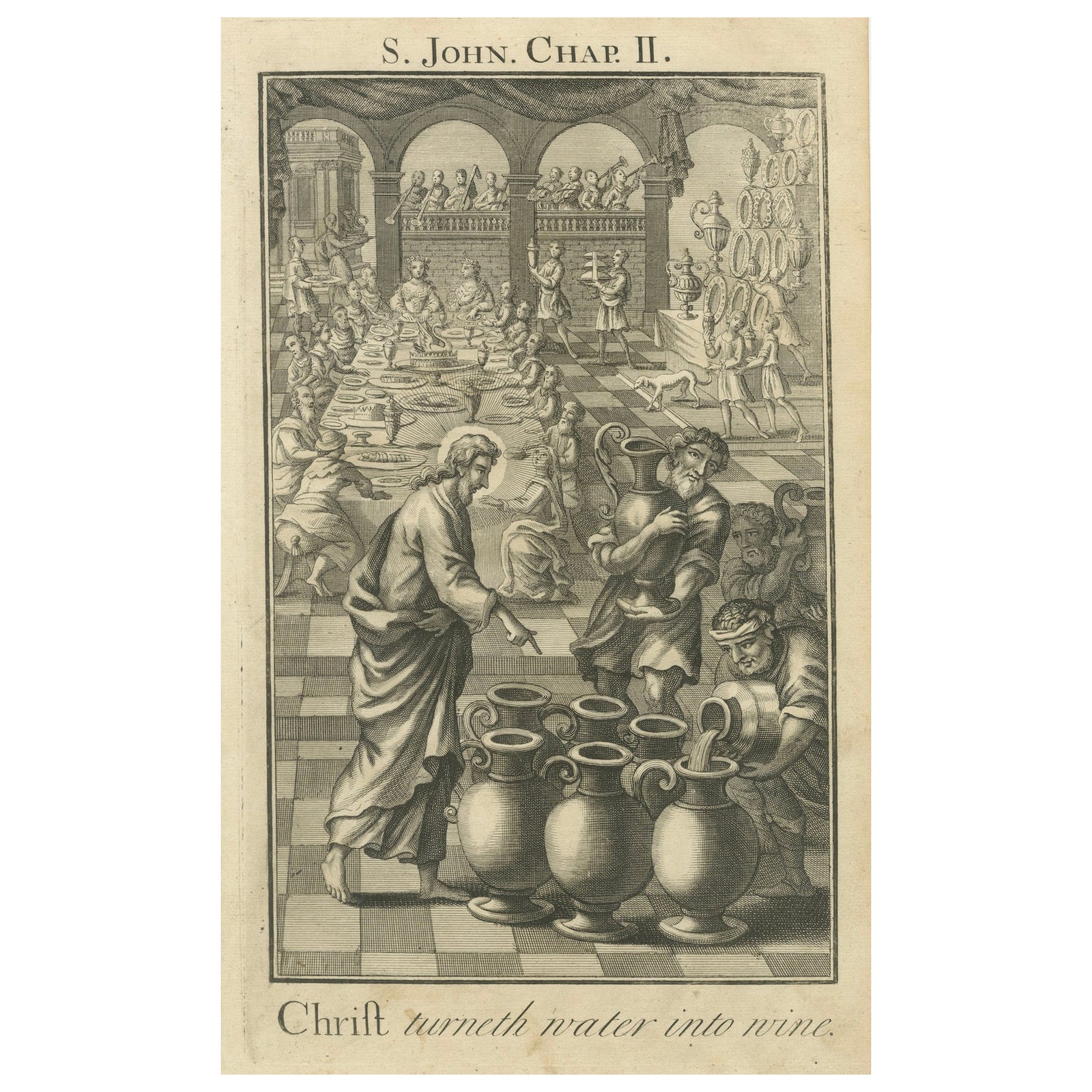 Christ Turns Water into Wine Engraving, John II Wedding at Cana c.1735