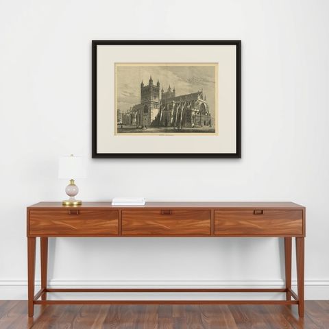 Antique Print of Exeter Cathedral from the Illustrated London News, 1877, shown framed on a wall, true to size