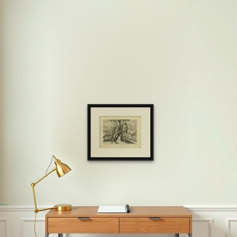 Antique Print of Adam and Eve Eating the Apple from the Tree '1674', shown framed on a wall, true to size