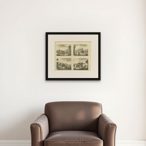 Antique Print of Various Churches on Ceylon by Churchill, 1744, shown framed on a wall, true to size