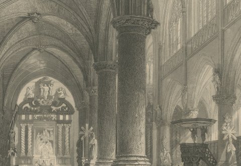 Church of St. Paul, Antwerp, Interior, Steel Engraving after T. Allom, c. 1850, close-up 2