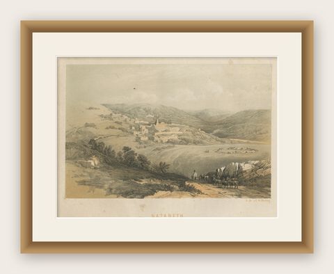 1862 Chromolithograph of Nazareth, Biblical Landscape After David Roberts, shown framed