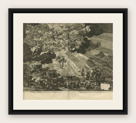 Antique Bible Print Angels Announce Birth of Jesus by J. Luyken, 1743, shown framed