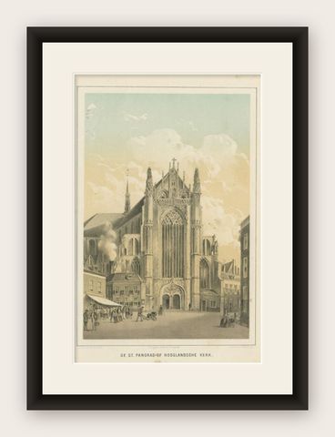 Antique Print of the St. Pancras Church of Leiden in The Netherlands, 1859, shown framed