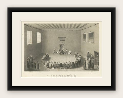 Islamic Ritual Print Dance of the Dervishes Ceremony, 1863 Dutch Lithograph, shown framed