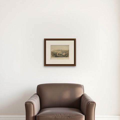 Antique Lithograph of Jerusalem from the Road leading to Bethany, shown framed on a wall, true to size