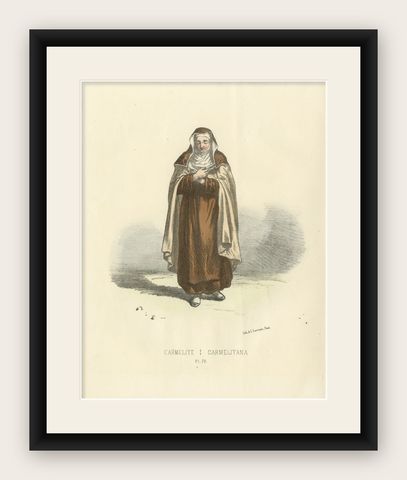 Carmélite, 1862 Hand-Colored Lithograph of a Carmelite Nun, shown framed