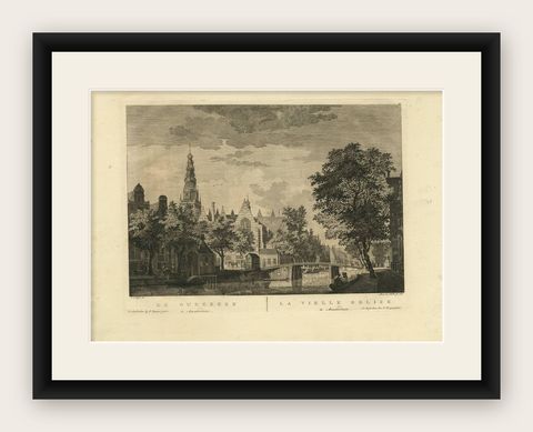 Antique Print of the 'Oudekerk' Church in Amsterdam by P. Van Liender, 1760, shown framed