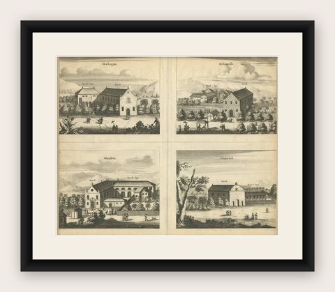 Antique Print of the Churches of Mallagam, Achiavelli, Mayletti and Oudewil, shown framed