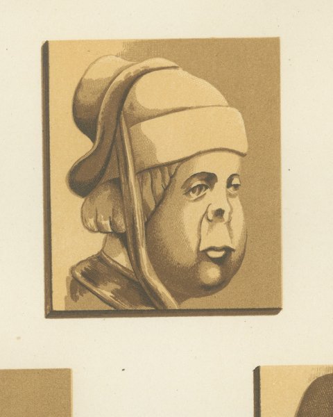 Carved Stall Heads, Vitteaux, Antique Chromolithograph, 1851, close-up 3