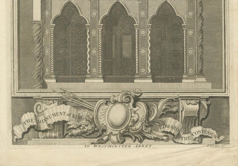Antique Westminster Abbey Monument Engraving, Vertue, England, c.1735, close-up 4