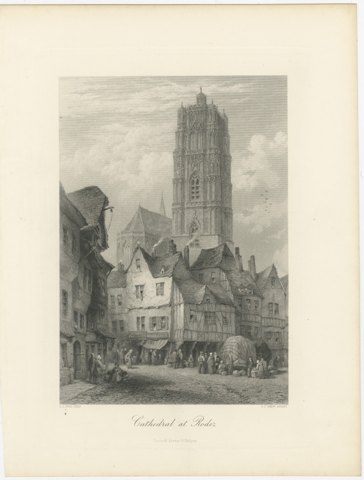 Cathedral at Rodez, France after L.J. Wood, Antique Steel Engraving, circa 1878, view 2