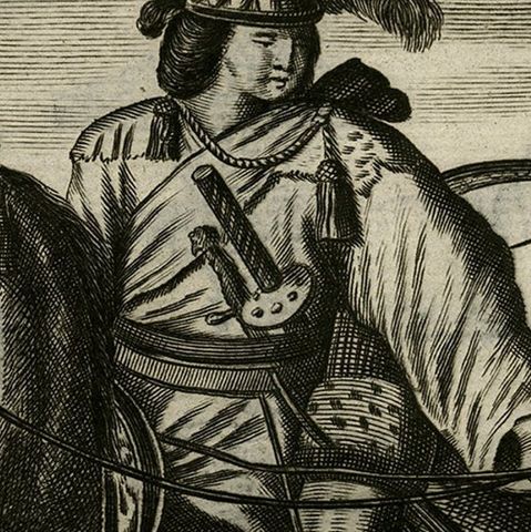 Two Original Japanese Engravings on One Sheet, Soldiers & a Priest, 1669, close-up 1