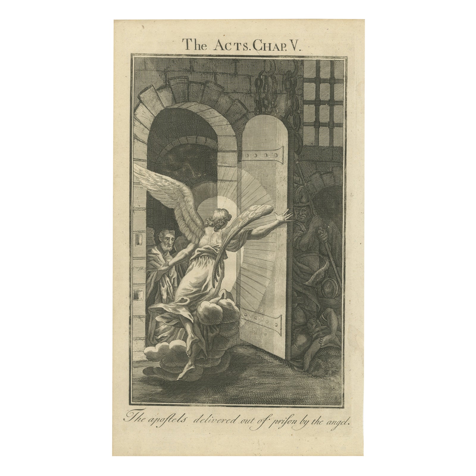 Apostles Released by Angel, Acts V Antique Engraving c.1735