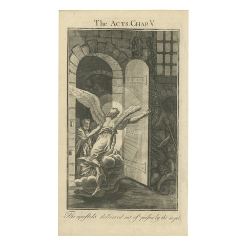 Apostles Released by Angel, Acts V Antique Engraving c.1735